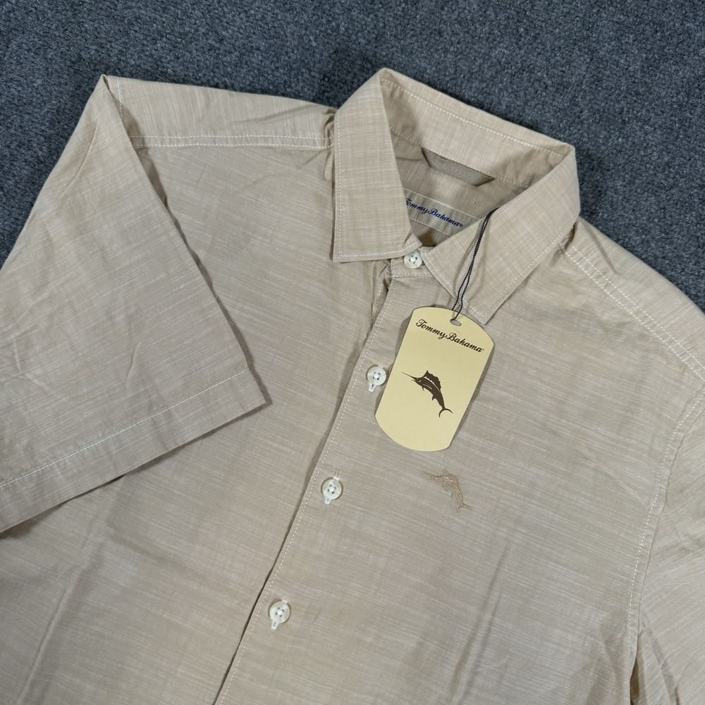 Tommy Bahama Shirt Mens Medium Natural Tan Short Sleeve‎ Button Down Beach New